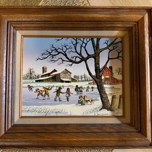 Oil Painting Ice Skating Pond by H. Hargrove (Nicolo Sturiano). Signed Framed